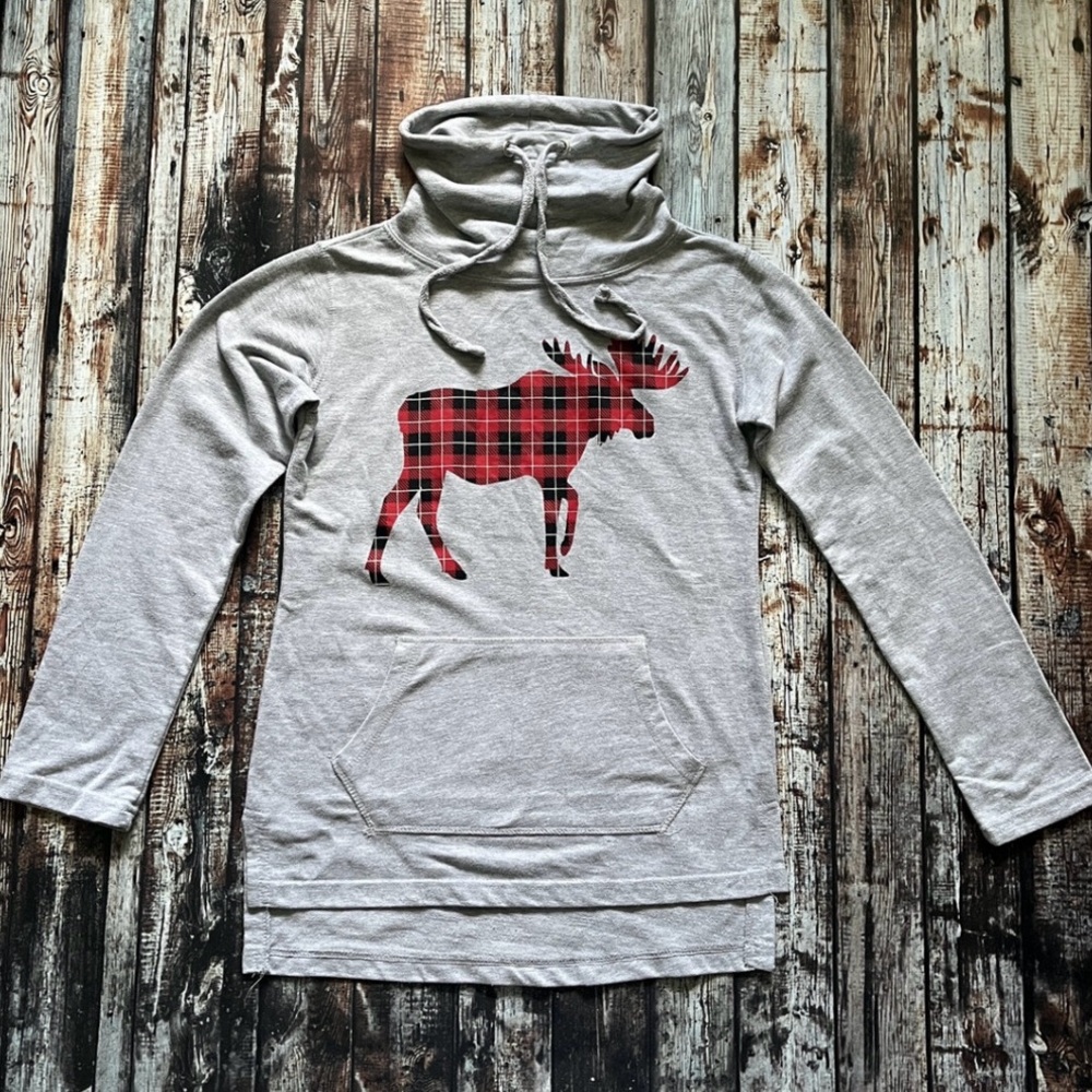 Heather Plaid Moose Funnel Neck Pullover